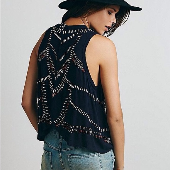 Free People Navy Blue Sleeveless Gauze Top with Beadwork and Open Back - Picture 2 of 8